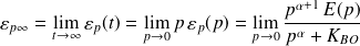\varepsilon_{p\infty}=\lim\limits_{t\rightarrow\infty}\varepsilon_p(t)=\lim\limits_{p\rightarrow0}p\,\varepsilon_p(p)=\lim\limits_{p\rightarrow0}\dfrac{p^{\alpha+1}\,E(p)}{p^\alpha+K_{BO}}